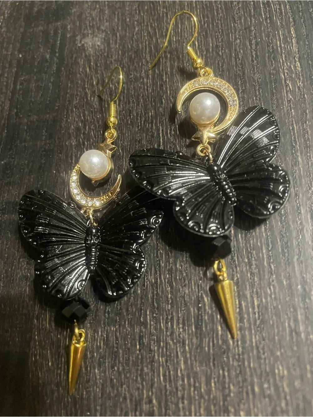 Artisan Crafted Gold and Black Butterfly Crescent Earrings with Pearl